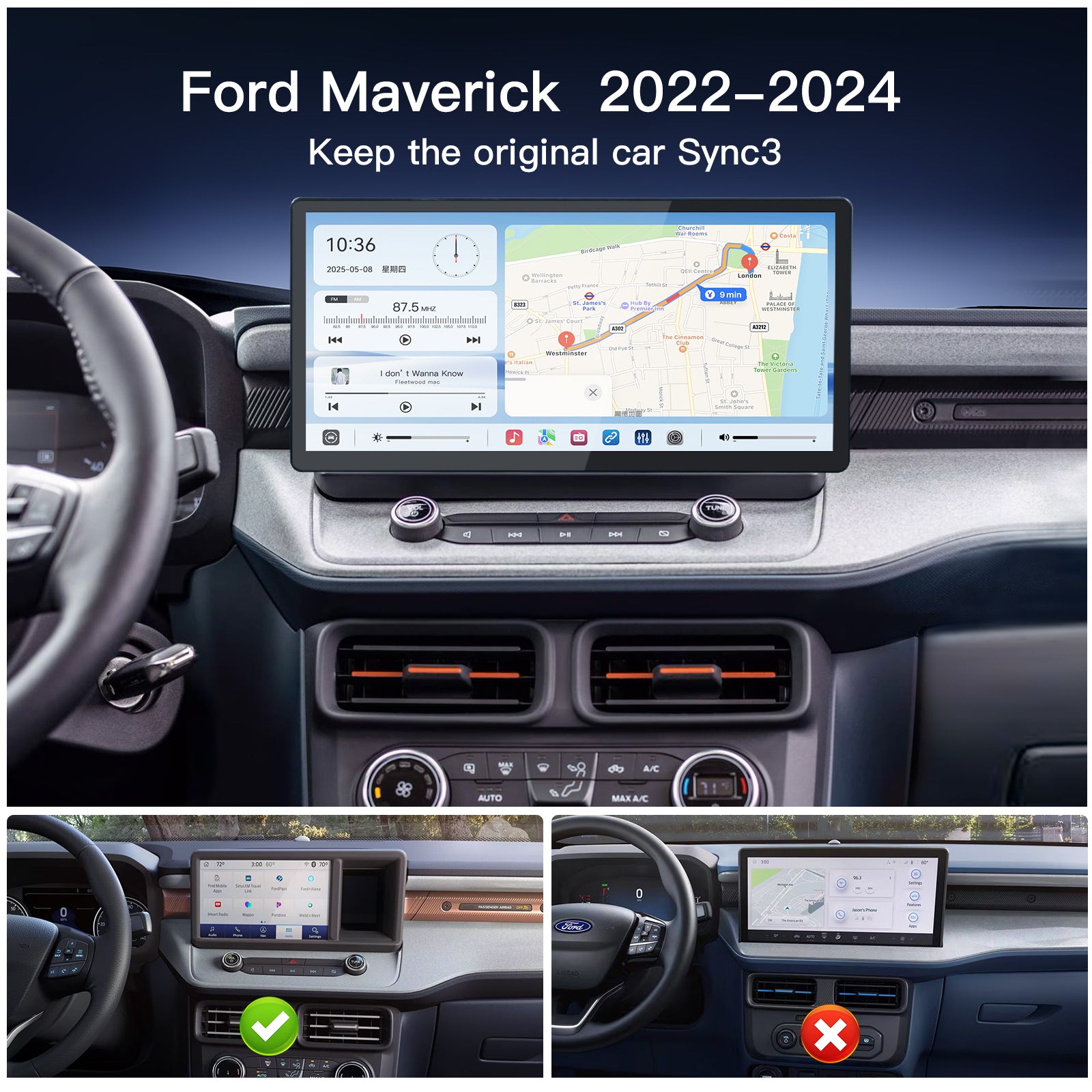 Carultra 13.2" Android 13 Car stereo Retains Sync3 for Ford Maverick 2022 - 2024 Wireless CarPlay & Android Auto CarRadio Upgrade