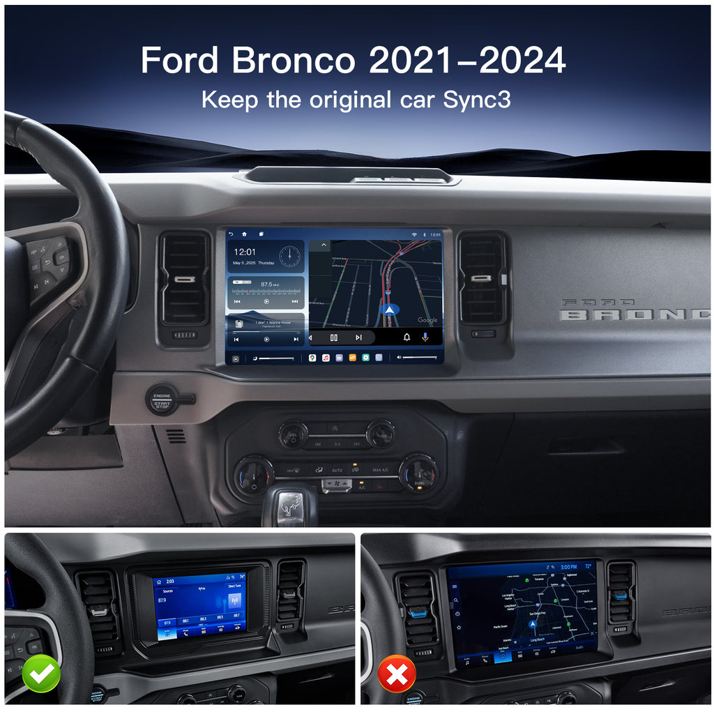 Carultra 12" Android 13 Car Screen Upgrade for Ford Bronco 2021–2024 Retain SYNC3 Wireless CarPlay & Android Auto